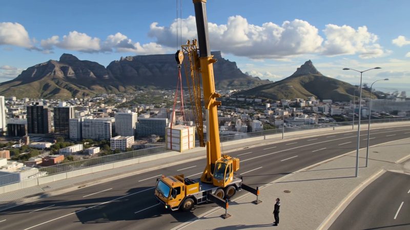 Crane Hire Western Cape - mobile crane set up on outriggers beside a Cape Town freeway with Table Mountain behind Crane Hire Western Cape - mobile crane set up on outriggers beside a Cape Town freeway with Table Mountain behind